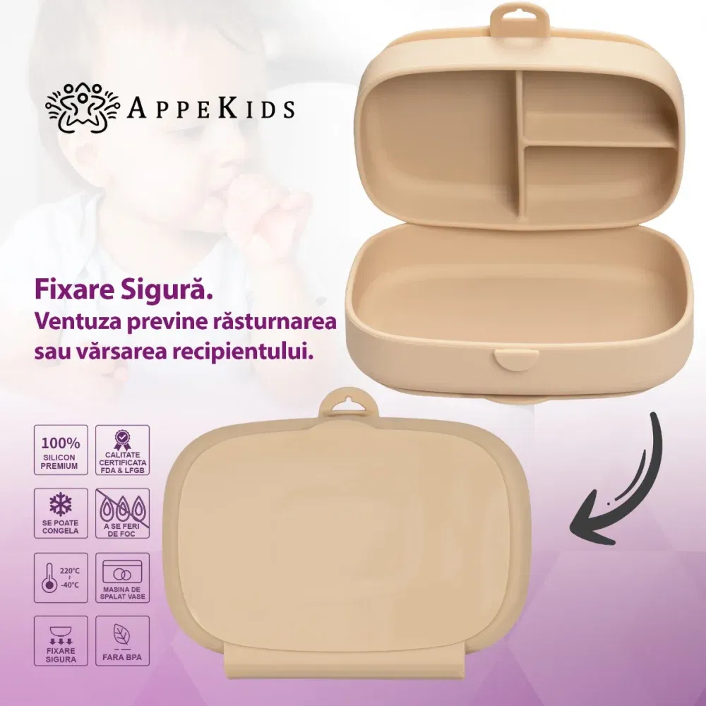 Caserola compartimentata din silicon cu ventuza, AppeKids Magic Box - Bej [4]