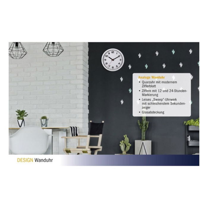 Ceas analog silentios de perete, cu capac din sticla, cifre mari, alb, TFA 60.3050.02 [2]