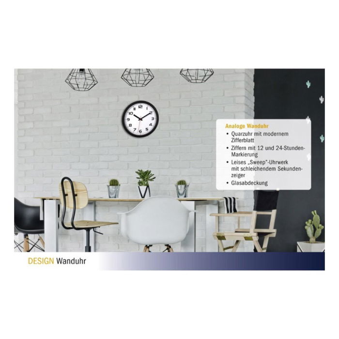 Ceas analog silentios de perete, cu capac din sticla, cifre mari, negru, TFA 60.3050.01 [2]