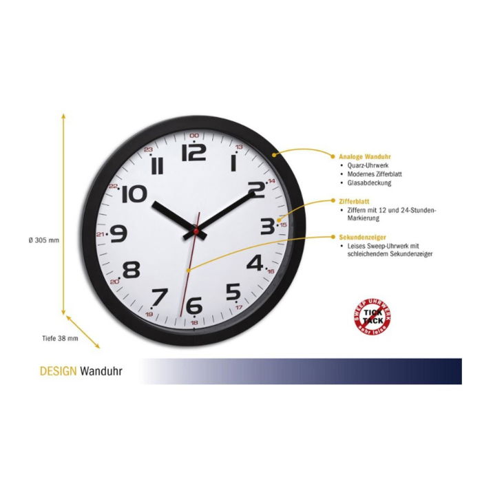 Ceas analog silentios de perete, cu capac din sticla, cifre mari, negru, TFA 60.3050.01 [1]