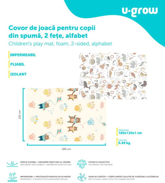 Covor de joaca pentru copii U-Grow, din spuma, pliabil, 2 fete, impermeabil, izolant, 120 x 180 x 1 cm, alfabet [10]