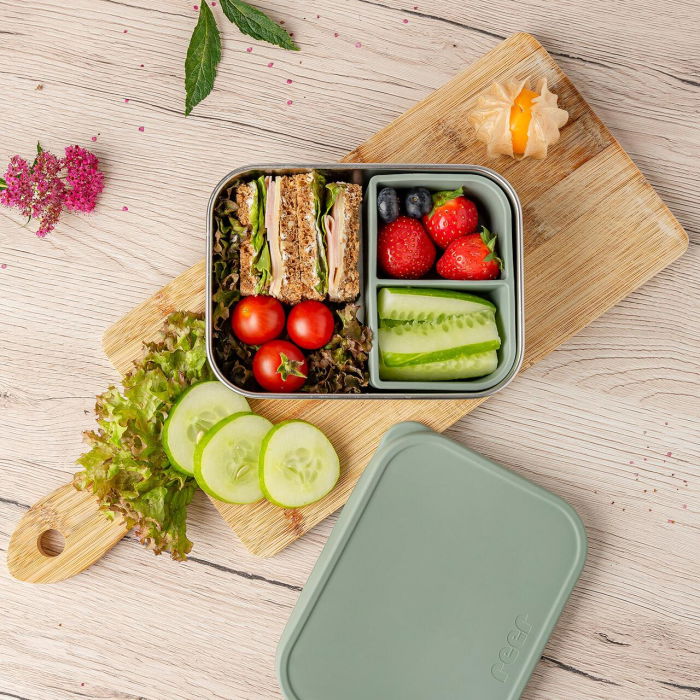 Cutie de pranz pentru alimente, din inox, cu compartimente din silicon, capac din silicon, fara BPA, lavabile in masina de spalat vase, Reer Lunchbox 25143 [2]