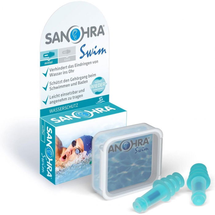 Dopuri de urechi pentru inot, impiedica patrunderea apei in urechi la adulti, reutilizabile, hipoalergenice, albastre, SANOHRA Swim [1]