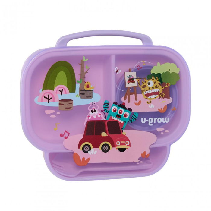 Farfurie compartimentata cu capac si lingurita si furculita, mov, U-Grow [2]