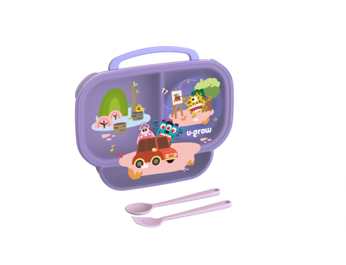 Farfurie compartimentata cu capac si lingurita si furculita, mov, U-Grow [1]