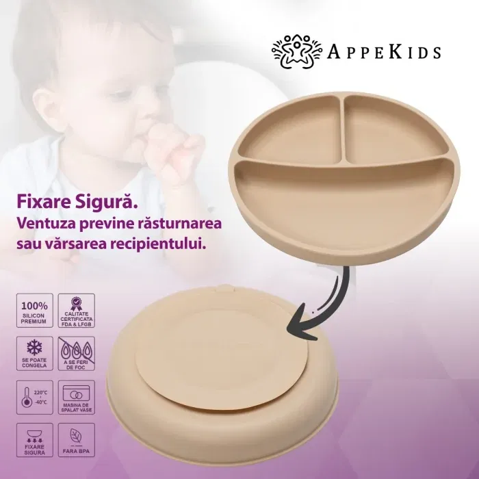 Farfurie compartimentata din silicon cu ventuza, AppeKids - Bej [5]
