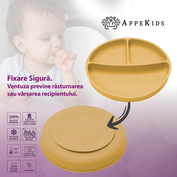 Farfurie compartimentata din silicon cu ventuza, AppeKids - Galben [5]