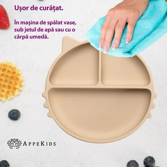 Farfurie compartimentata din silicon cu ventuza, AppeKids - Kitty - Bej [6]
