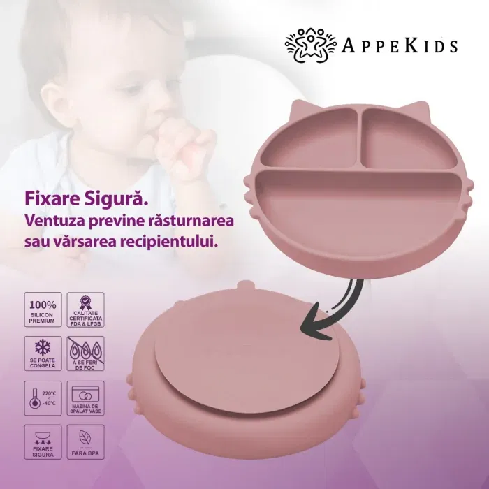 Farfurie compartimentata din silicon cu ventuza, AppeKids - Kitty - Roz [2]