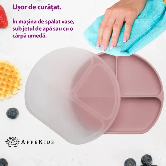 Farfurie compartimentata din silicon cu ventuza si capac, AppeKids - Roz [3]
