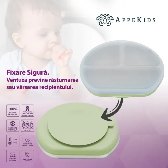 Farfurie compartimentata din silicon cu ventuza si capac, AppeKids - Verde [3]