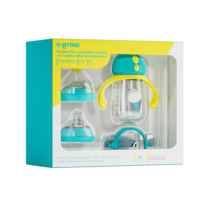 Pachet 3 in 1 cana 260 ml tritan cu 3 accesorii diferite pentru baut : tetina biberon, cioc , pai, blue, U-Grow [1]