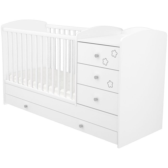 Patut copii transformabil din lemn cu 4 sertare Hubners Matei Kombi 120x60 cm alb cu stelute [1]