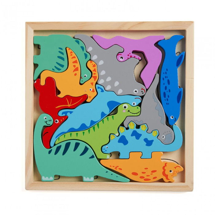 PUZZLE DIN LEMN CU DINOZAURI, 12 PIESE, MOMKI [2]