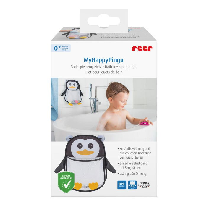 Saculet din plasa pentru jucarii de baie, prindere cu ventuze, forma de pinguin, fara BPA, 0+ luni, Reer MyHappyPingu 76062 [1]