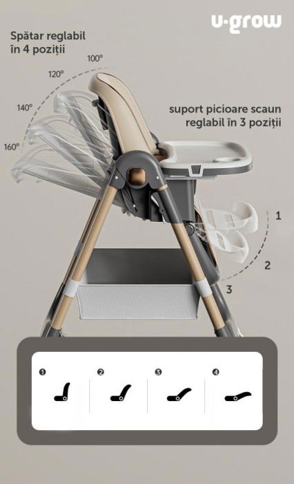 Scaun de masa cu inaltime reglabila, spatar ajustabil in 4 pozitii, pliabil, brown, U-Grow [2]