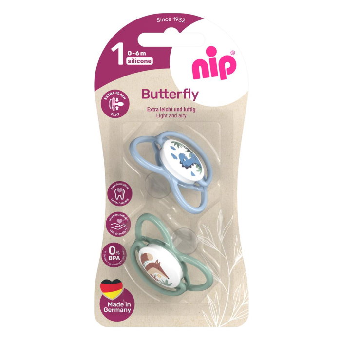 Set 2 suzete nip Butterfly cu tetina ortodontica din silicon, forma simetrica, fara BPA, cu inel pentru prindere usoara, 0-6 luni, nip Butterfly 31050 [2]