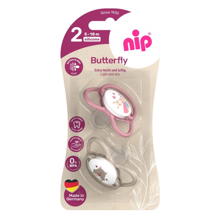 Set 2 suzete nip Butterfly cu tetina ortodontica din silicon, forma simetrica, fara BPA, cu inel pentru prindere usoara, 5-18 luni, nip Butterfly 31051 [3]