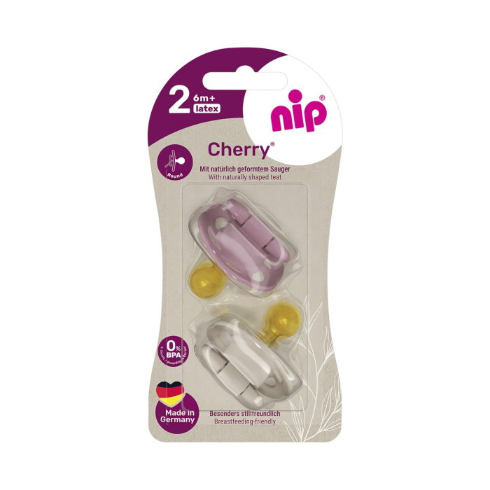 Set 2 suzete Nip Cherry Girl cu tetina rotunda din latex natural, 6+ luni, nip 38884 [1]