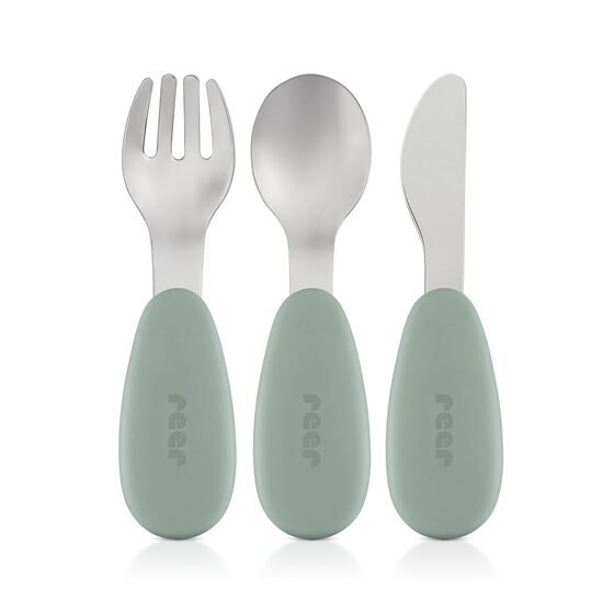 Set 3 tacamuri din otel inoxidabil (furculita, lingurita si cutit), manere din silicon, fara BPA, lavabile in masina de spalat vase, Reer [1]