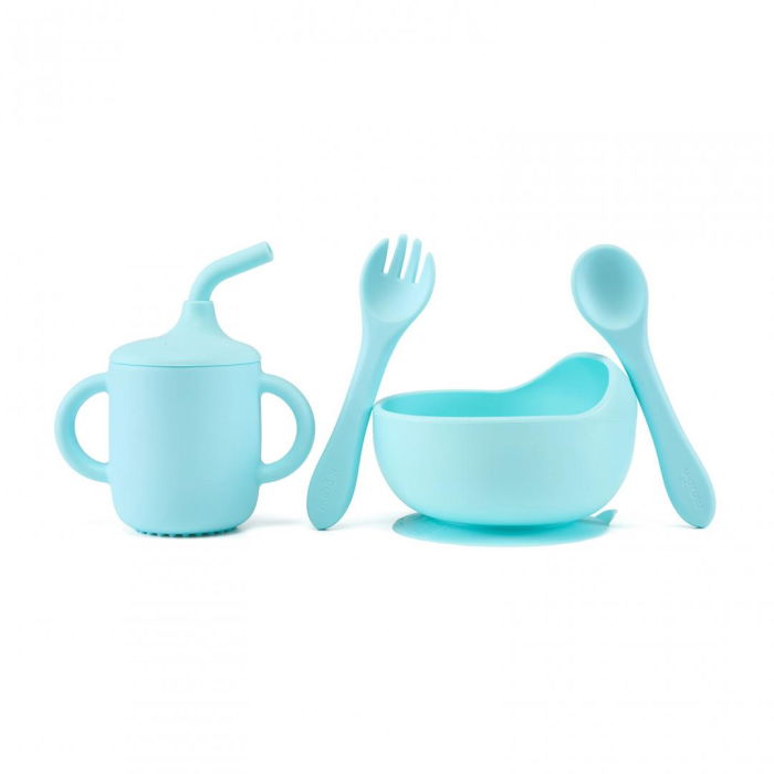 Set 4 piese diversificare din silicon: Cana cu pai, bol , lingurita si furculita, blue, U-Grow [2]