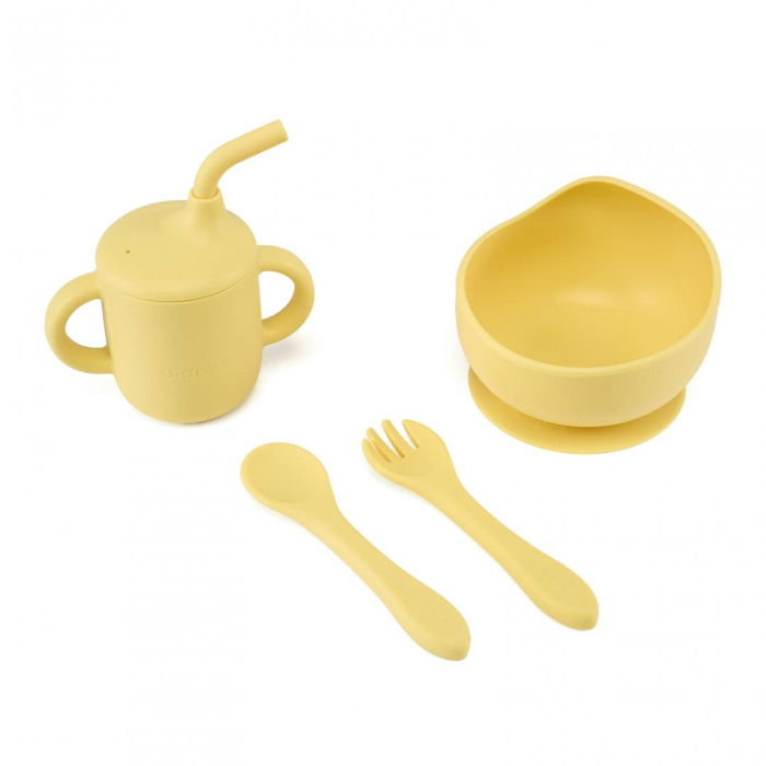 Set 4 piese diversificare din silicon: Cana cu pai, bol , lingurita si furculita, galben, U-Grow [1]