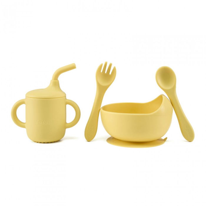Set 4 piese diversificare din silicon: Cana cu pai, bol , lingurita si furculita, galben, U-Grow [2]