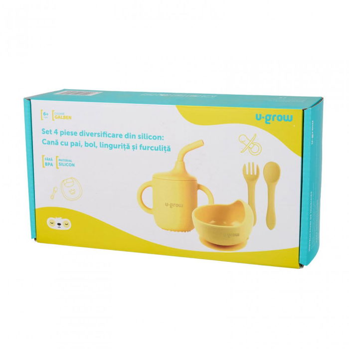 Set 4 piese diversificare din silicon: Cana cu pai, bol , lingurita si furculita, galben, U-Grow [4]