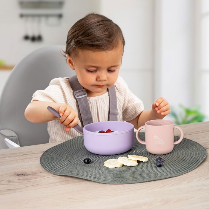 Set 4 piese vesela din silicon pentru mancarea copiilor (farfurie, castron, canuta, lingurita), fara BPA, lavabile in masina de spalat vase, de la 6 luni, mov, Reer 25124 [2]