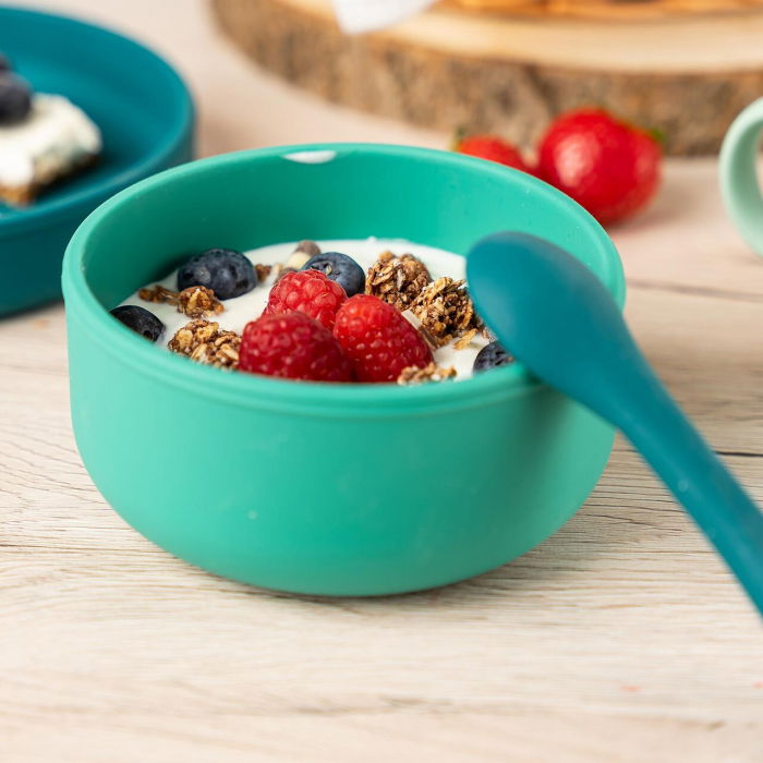 Set 4 piese vesela din silicon pentru mancarea copiilor (farfurie, castron, canuta, lingurita), fara BPA, lavabile in masina de spalat vase, de la 6 luni, verde, Reer 25113 [2]