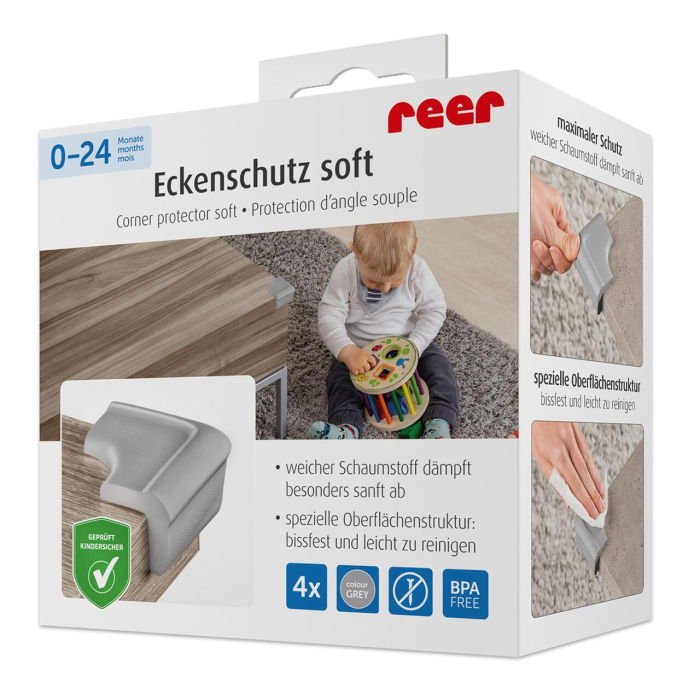 Set 4 protectii de colturi din spuma poliuretan, cu banda adeziva 3M, rezistenta la muscaturi, gri, Reer 82031 [2]