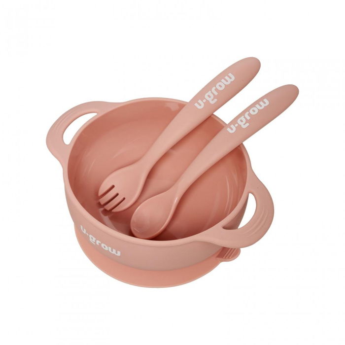 Set bol cu lingurita si furculita silicon, roz, U-Grow [1]