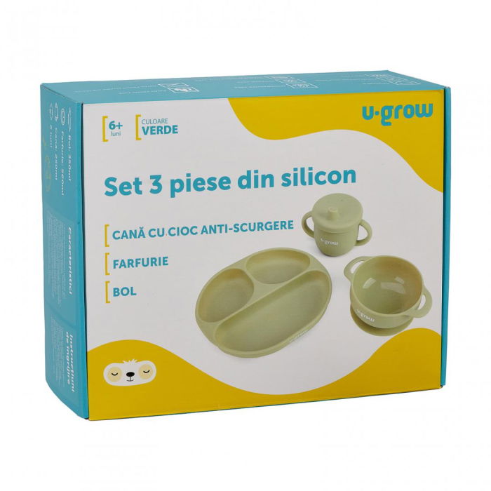 Set diversificare 3 piese silicon : bol , farfurie si cana cu cioc, olive, U-Grow [7]