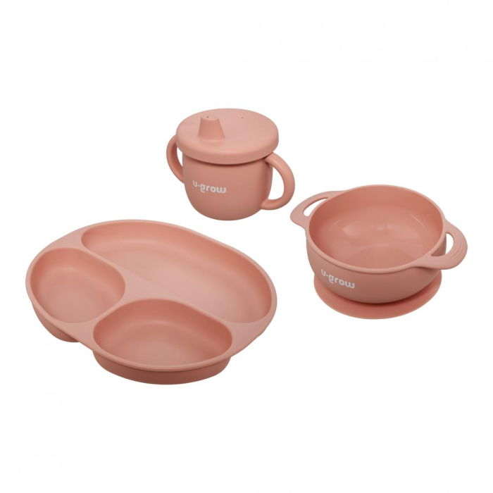 Set diversificare 3 piese silicon : bol , farfurie si cana cu cioc, roz, U-Grow [1]