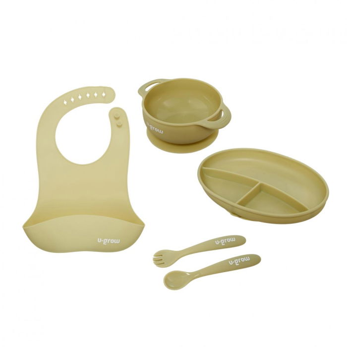 Set diversificare 5 piese silicon : baveta, bol, farfurie, lingurita si furculita, olive, U-Grow [1]