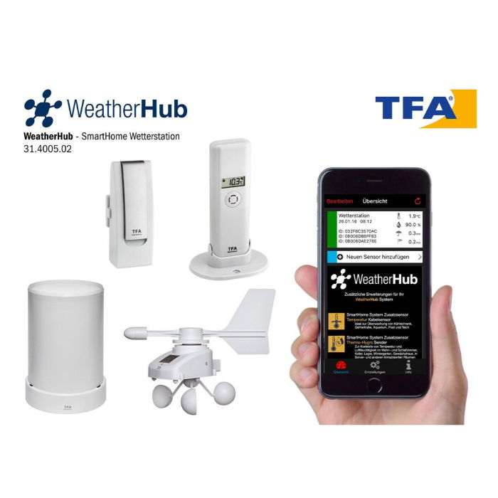 Sistem meteo SmartHome cu masurare temperatura, umiditate, precipitatii si viteza vant, data logger cu comunicare cu smartphone WEATHERHUB, TFA 31.4005.02 [1]