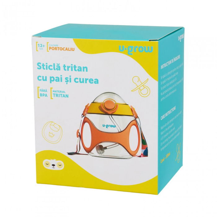 Sticla tritan cu pai si curea , 330 ml , orange, U-Grow [4]