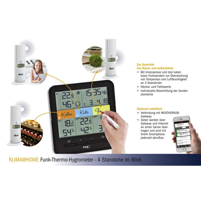 Termo-higrometru digital cu 3 senzori wireless KLIMA@HOME, compatibil cu WEATHERHUB SmartHome, TFA 30.3060.01.IT [4]