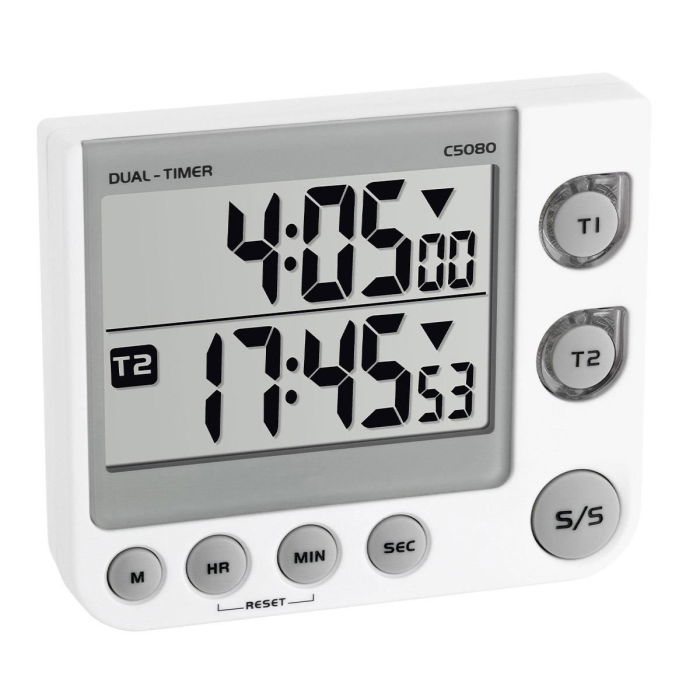 Timer si cronometru digital dual, 100 ore, LED de avertizare, memorie, volum reglabil, alb, TFA 38.2025 [1]