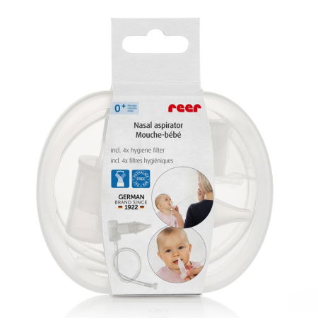 Produse - Aspirator nazal bebelusi, cu aspirare bucala, varf din silicon moale, sterilizabil la abur, cutie depozitare si 4 filtre, Reer 79139