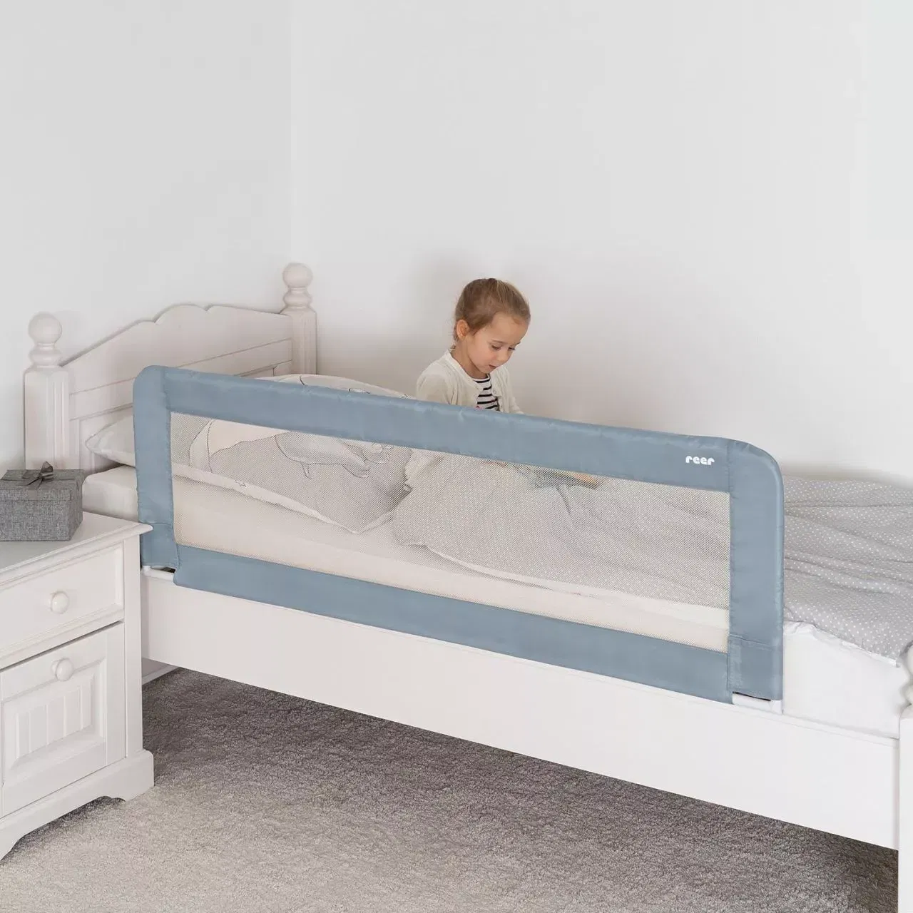 Barieră protecție pat - Bariera protectie pat copii, 150 cm, albastru-gri, XL, Reer