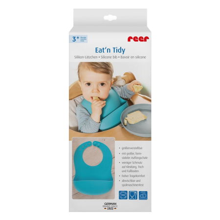 Bavetica din silicon moale cu buzunar colector pentru bebelusi, reglabila, albastra, Reer Eat`n Tidy 25033 [3]