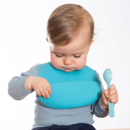 Bavetica din silicon moale cu buzunar colector pentru bebelusi, reglabila, albastra, Reer Eat`n Tidy 25033 [1]