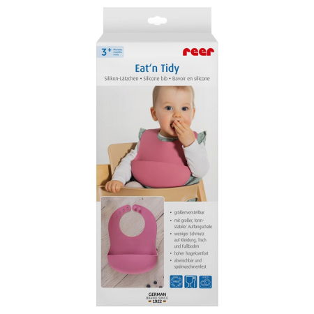 Bavetica din silicon moale cu buzunar colector pentru bebelusi, reglabila, roz, Reer Eat`n Tidy 25044 [5]