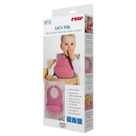Bavetica din silicon moale cu buzunar colector pentru bebelusi, reglabila, roz, Reer Eat`n Tidy 25044 [6]