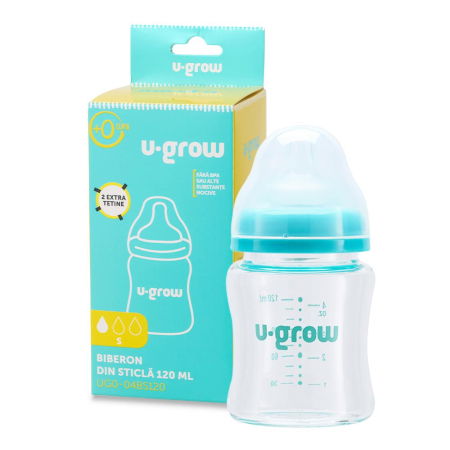 Suzete bebe - Biberon de sticla 120 ml+2 tetine extra, U-Grow