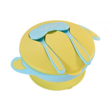 Suzete bebe - Bol compartimentat cu ventuza antialunecare si capac cu lingurita si furculita, blue, U-Grow