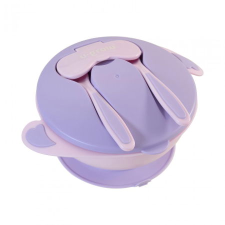 Suzete bebe - Bol compartimentat cu ventuza antialunecare si capac cu lingurita si furculita, mov, U-Grow