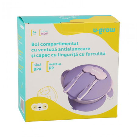 Bol compartimentat cu ventuza antialunecare si capac cu lingurita si furculita, mov, U-Grow [3]