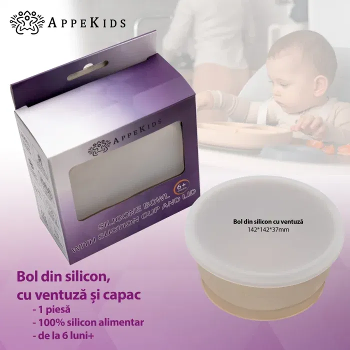 Bol din silicon cu ventuza si capac, AppeKids - Bej [5]